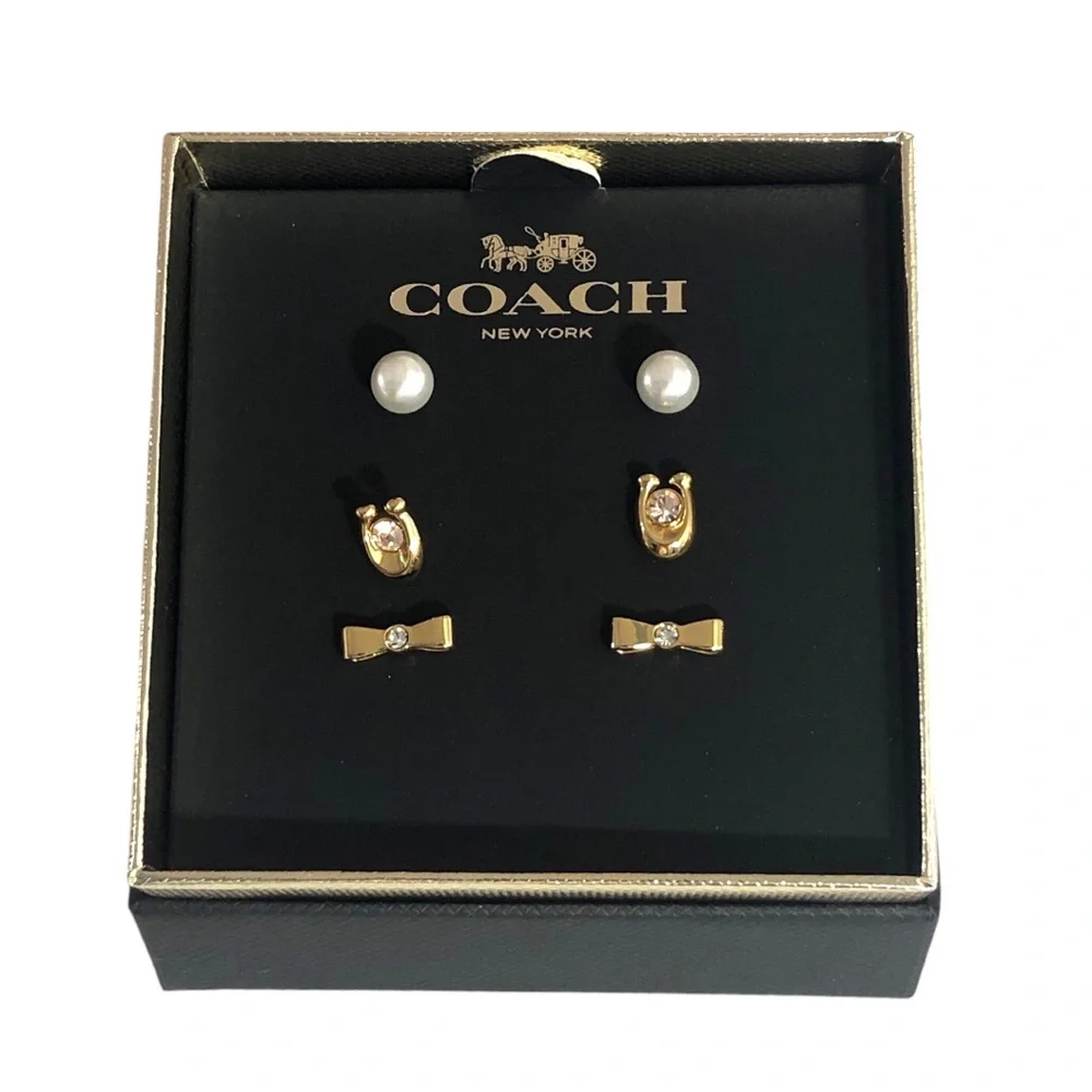Coach Bow Earring 3 Pc Set Matching Goldtone Pearl Bow Box Set - Picture 8 of 13